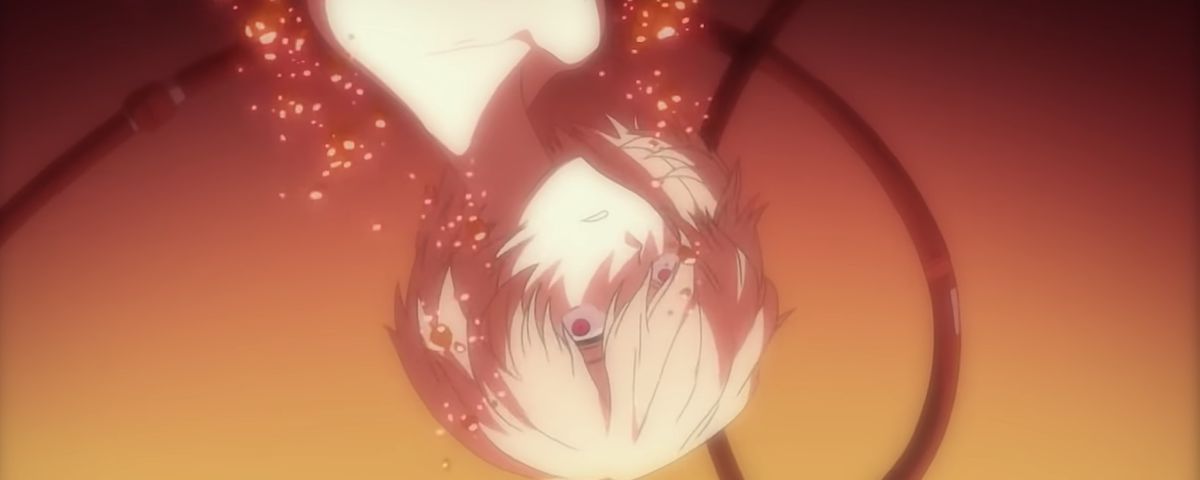 A character hangs upside down in a yellow liquid, surrounded by bubbles, in Evangelion 1.0+3.0: Thrice Upon a Time