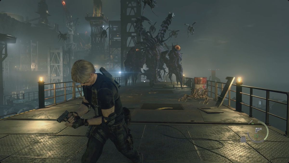 Resident Evil 4 remake Leon running away from Saddler and his swarm of novistadors