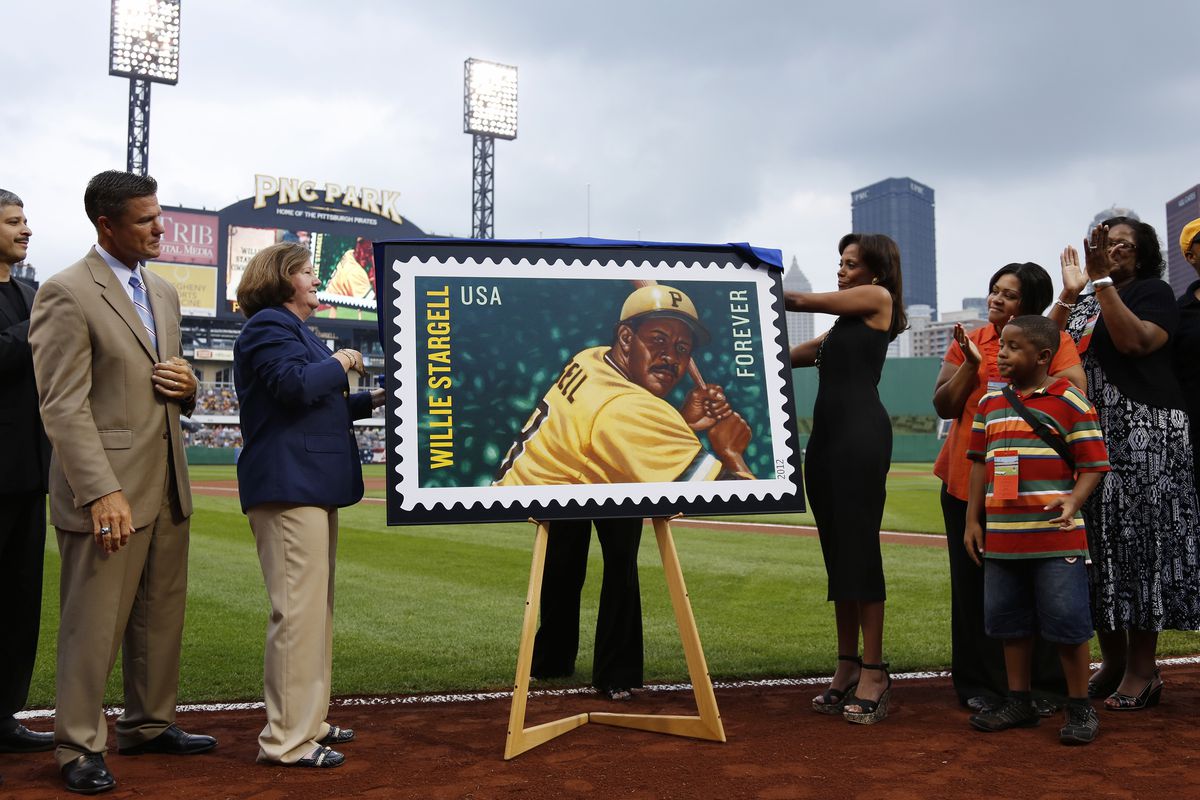 Pittsburgh Pirates reveal commemorative Willie Stargell stamp before a game on July 21.