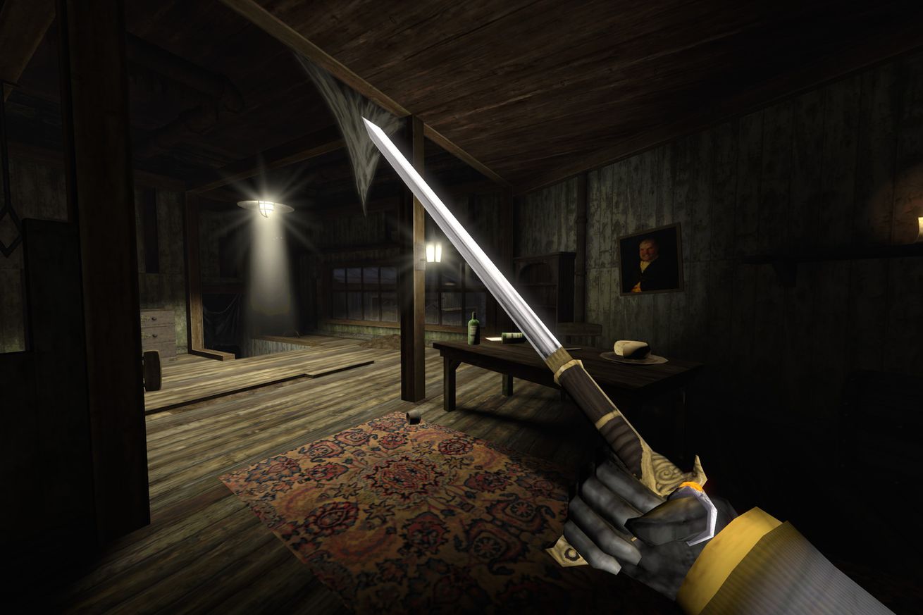 A game screenshot of someone holding a sword.
