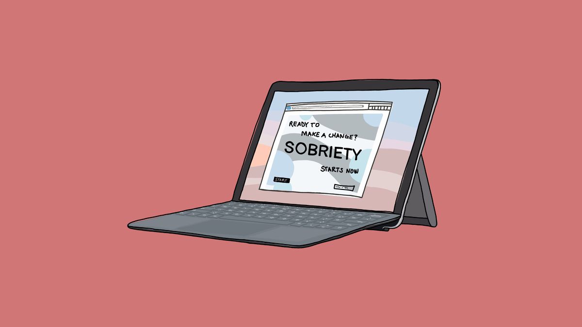 An illustration of an open laptop displaying a window that says “sobriety.”