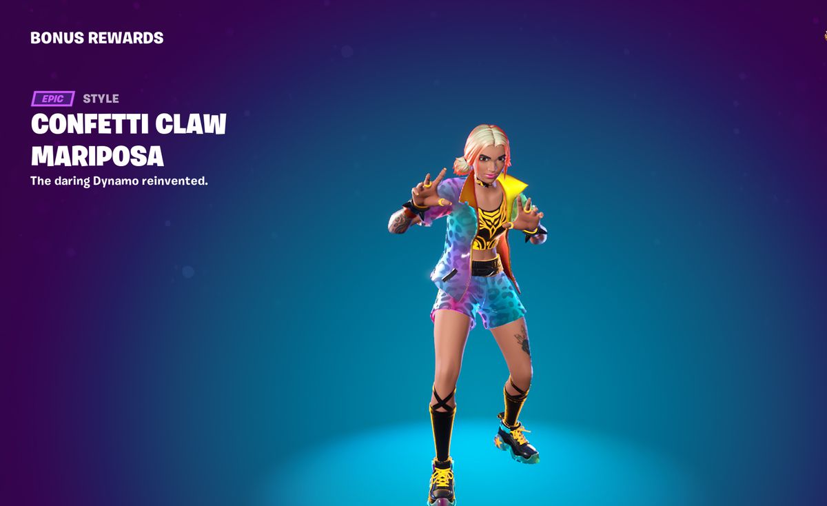 Mariposa from Fortnite in a rainbow-metallic cheetah-print outfit