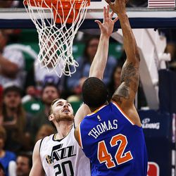 Utah Jazz forward Gordon Hayward (20) defends New York Knicks forward Lance Thomas (42) as the Utah Jazz and the New York Knicks play at Vivint Arena in Salt Lake City on Wednesday, March 22, 2017. The Jazz beat the Knicks 108-101.