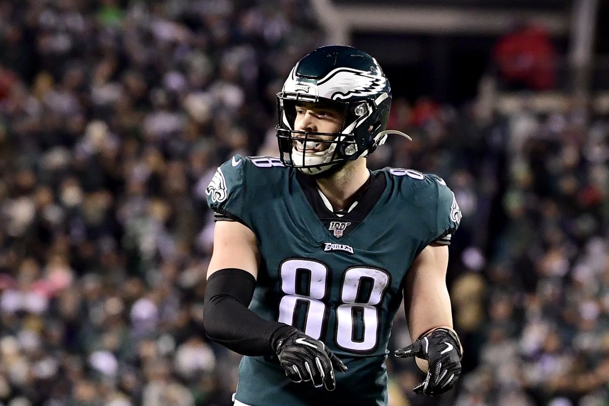Dallas Goedert of the Philadelphia Eagles looks on against the Seattle Seahawks in the NFC Wild Card Playoff game at Lincoln Financial Field on January 05, 2020 in Philadelphia, Pennsylvania.