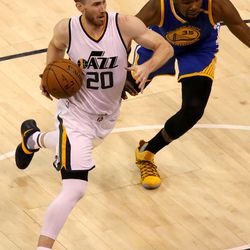 Utah Jazz forward Gordon Hayward (20) dribbles around Golden State Warriors forward Kevin Durant (35) during game 4 of the second round of NBA playoffs at the Vivint Smart Home Arena in Salt Lake City on Monday, May 8, 2017. 