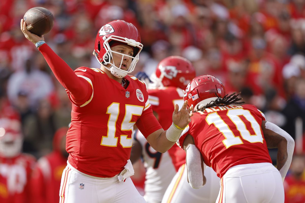 Patrick Mahomes #15 of the Kansas City Chiefs throws a pass during the first half in the game against the Denver Broncos at Arrowhead Stadium on January 01, 2023 in Kansas City, Missouri.