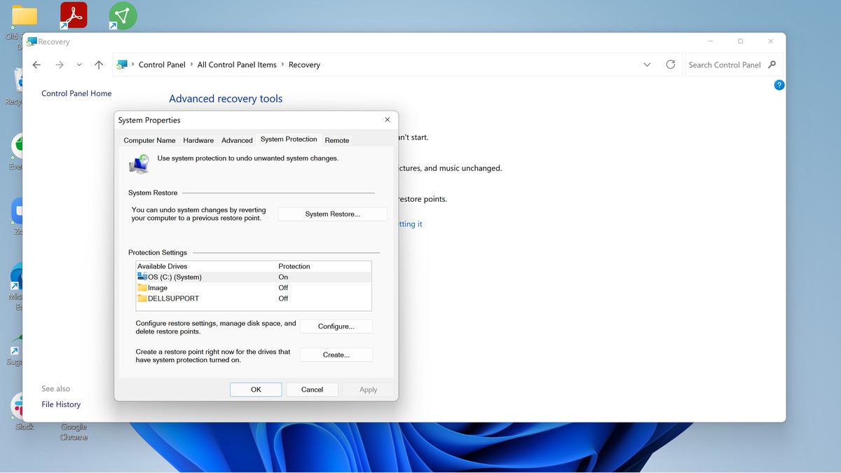 Select Configure to set up System Restore. You can also create a new restore point from here.