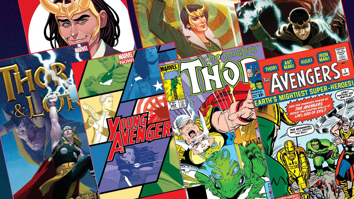 Graphic layout of seven different comic book covers featuring the character Loki