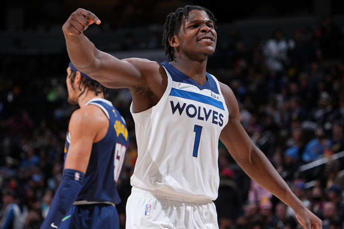Anthony Edwards #1 of the Minnesota Timberwolves celebrates during the game against the Denver Nuggets on December 15, 2021 at the Ball Arena in Denver, Colorado.&nbsp;