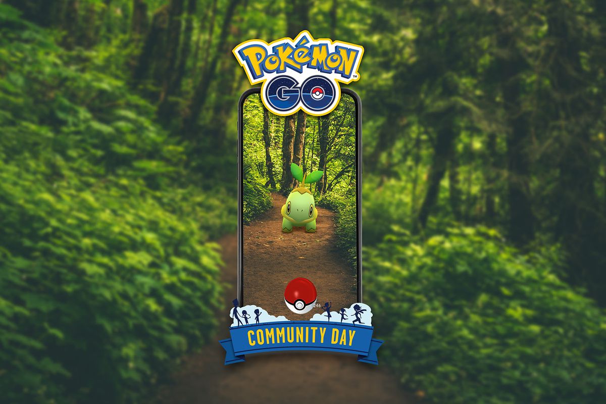 Turtwig stands in a forest on a phone screen