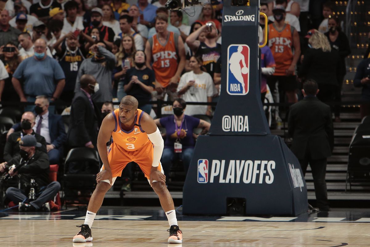 Chris Paul of the Phoenix Suns looks on against the Denver Nuggets during Round 2, Game 3 of the 2021 NBA Playoffs on June 11, 2021 at the Ball Arena in Denver, Colorado.&nbsp;