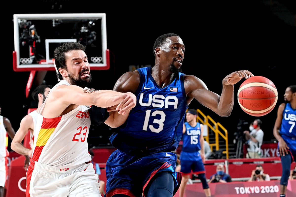 Bam Adebayo of the USA and Sergio Llull of Spain challenge for the ball during the quarter final Basketball match between the USA and Spain on day eleven of the Tokyo 2020 Olympic Games at Saitama Super Arena on August 03, 2021 in Saitama, Japan.