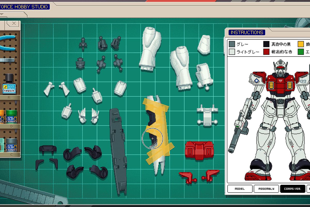 Parts of a Gundam-style robot are laid out on a mat in Last Call BBS