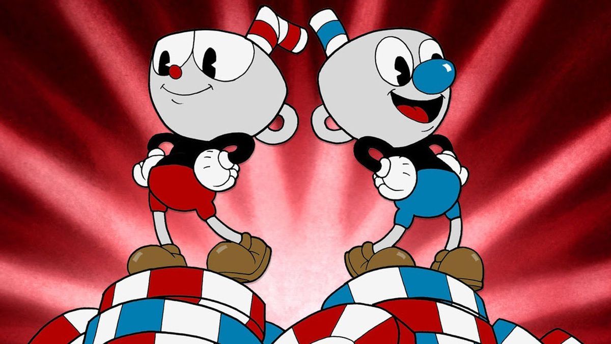 Cuphead and Mugman, who are animated in a 1930s style  and have coffee mugs for heads, stand on top of poker chips in art for the game Cuphead.