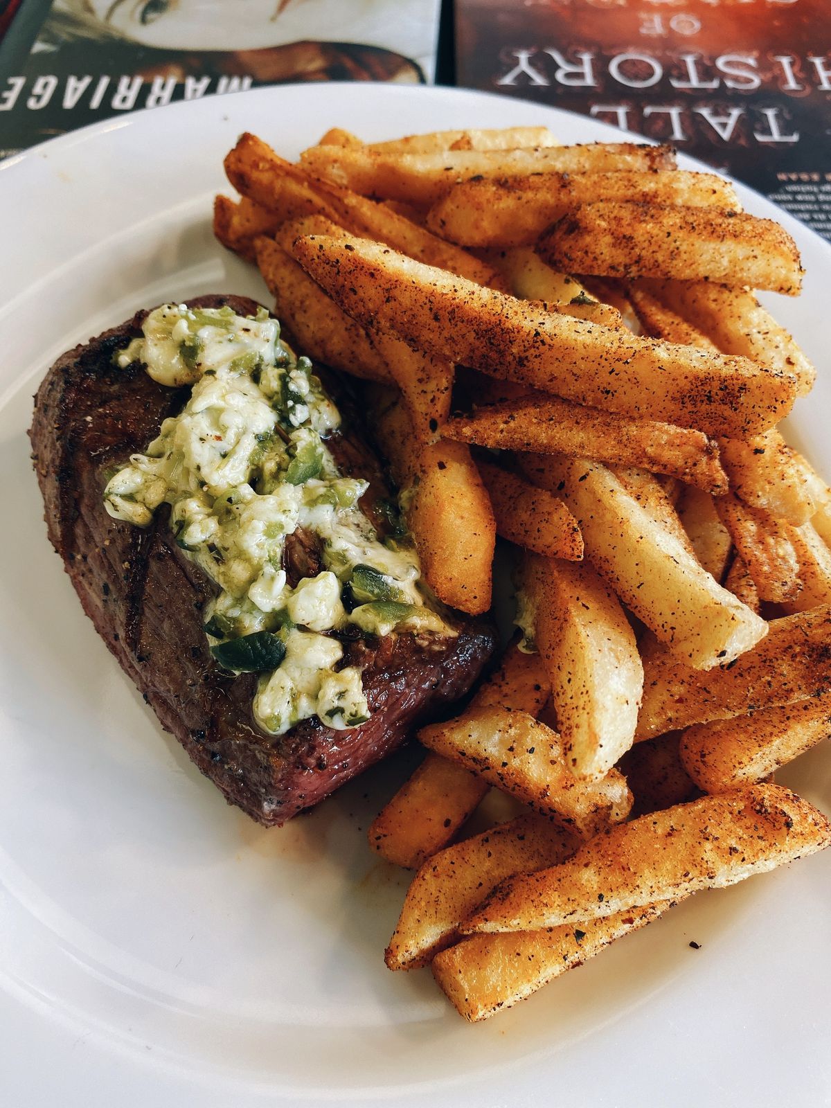 Steak frites with poblano butter at All Day by Kramers