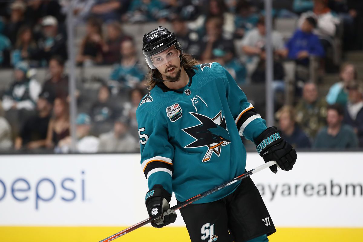 SAN JOSE, CA - OCTOBER 03: Erik Karlsson #65 of the San Jose Sharks skates on the ice during their game against the Anaheim Ducks at SAP Center on October 3, 2018 in San Jose, California