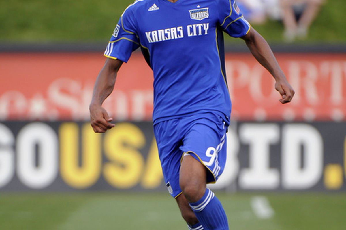 KANSAS CITY, KS - MAY 23: Teal Bunbury #9 of the Kansas City Wizards advances the ball during an MLS match against the Columbus Crew on May 23, 2010 at Community America Park in Kansas City, Kansas. (Photo by G. Newman Lowrance/Getty Images)