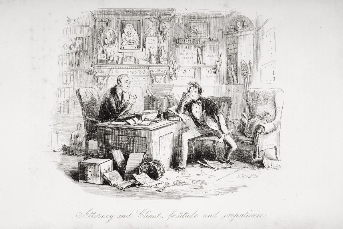 Attorney and Client, fortitude and impatience. Illustration by Phiz (Hablot Knight Browne) 1815-1882. From the book “Bleak House” by Charles Dickens. Published London 1853.