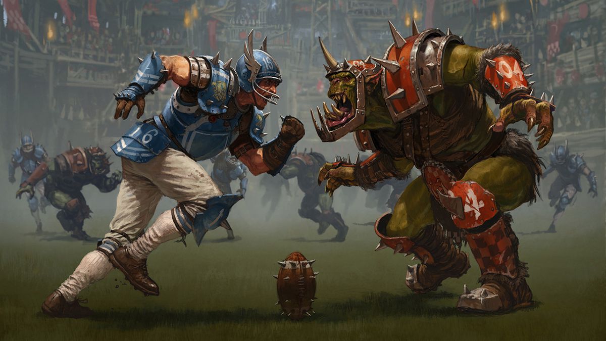 An orc faces off with a human in Blood Bowl 2