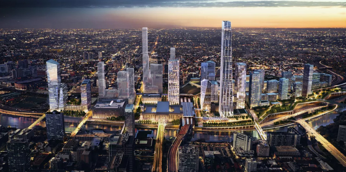 A rendering of the 30th Street Station District Plan at night.
