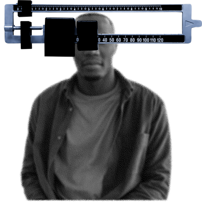 Photo illustration of a Black man with a doctor’s weight scale collaged on top of his face.