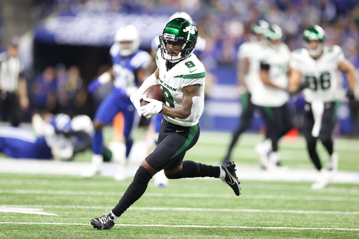 Elijah Moore #8 of the New York Jets against the Indianapolis Colts at Lucas Oil Stadium on November 04, 2021 in Indianapolis, Indiana.