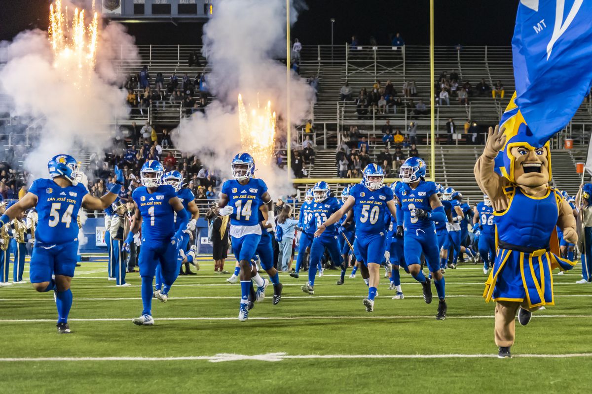 The San Jose State Spartans enter the field before the game between the San Jose Spartans and the Boise State Broncos on Saturday, November 2, 2019 at CEFCU Stadium in San Jose, California.