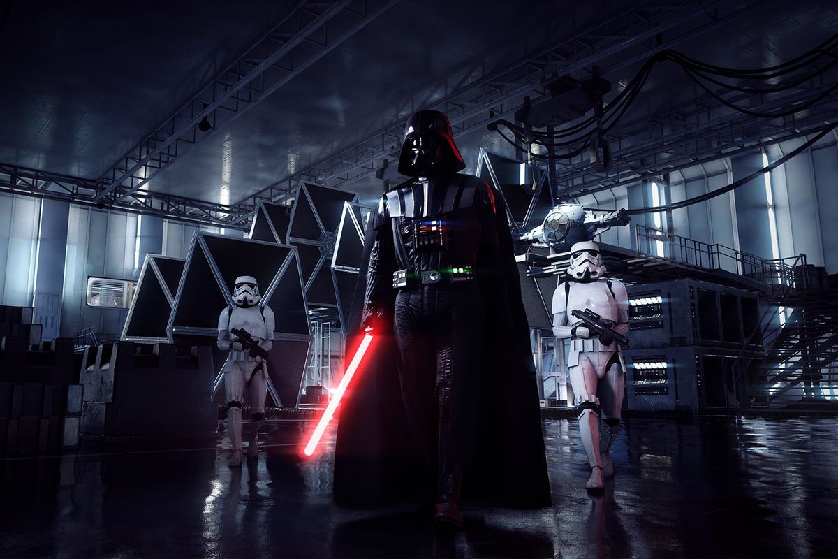 Star Wars Battlefront 2 - Darth Vader flanked by stormtroopers