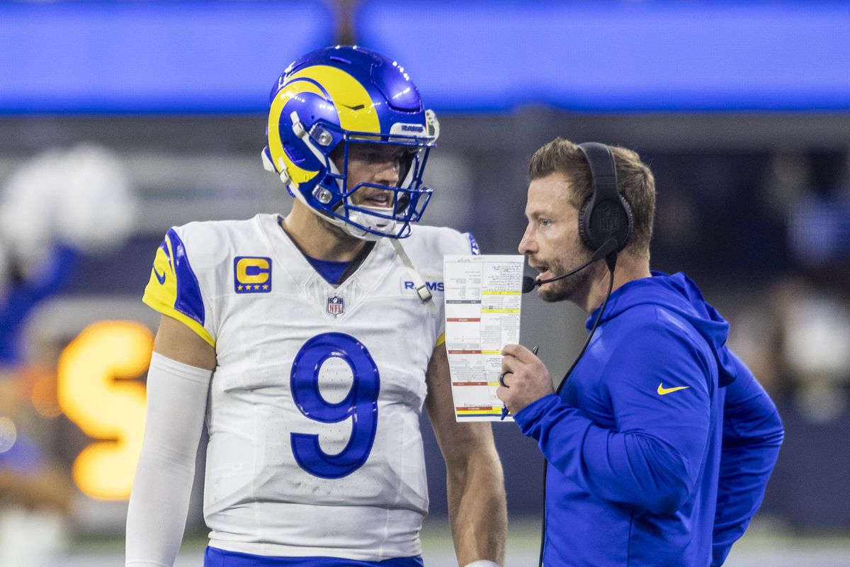 Los Angeles Rams quarterback Matthew Stafford (9) gets instructions from head coach Sean McVay at the two minute warning, in the second half of an NFL football game between the Cleveland Browns and the Los Angeles Rams, Sunday, December 3, 2023, at SoFi Stadium in Inglewood, California.