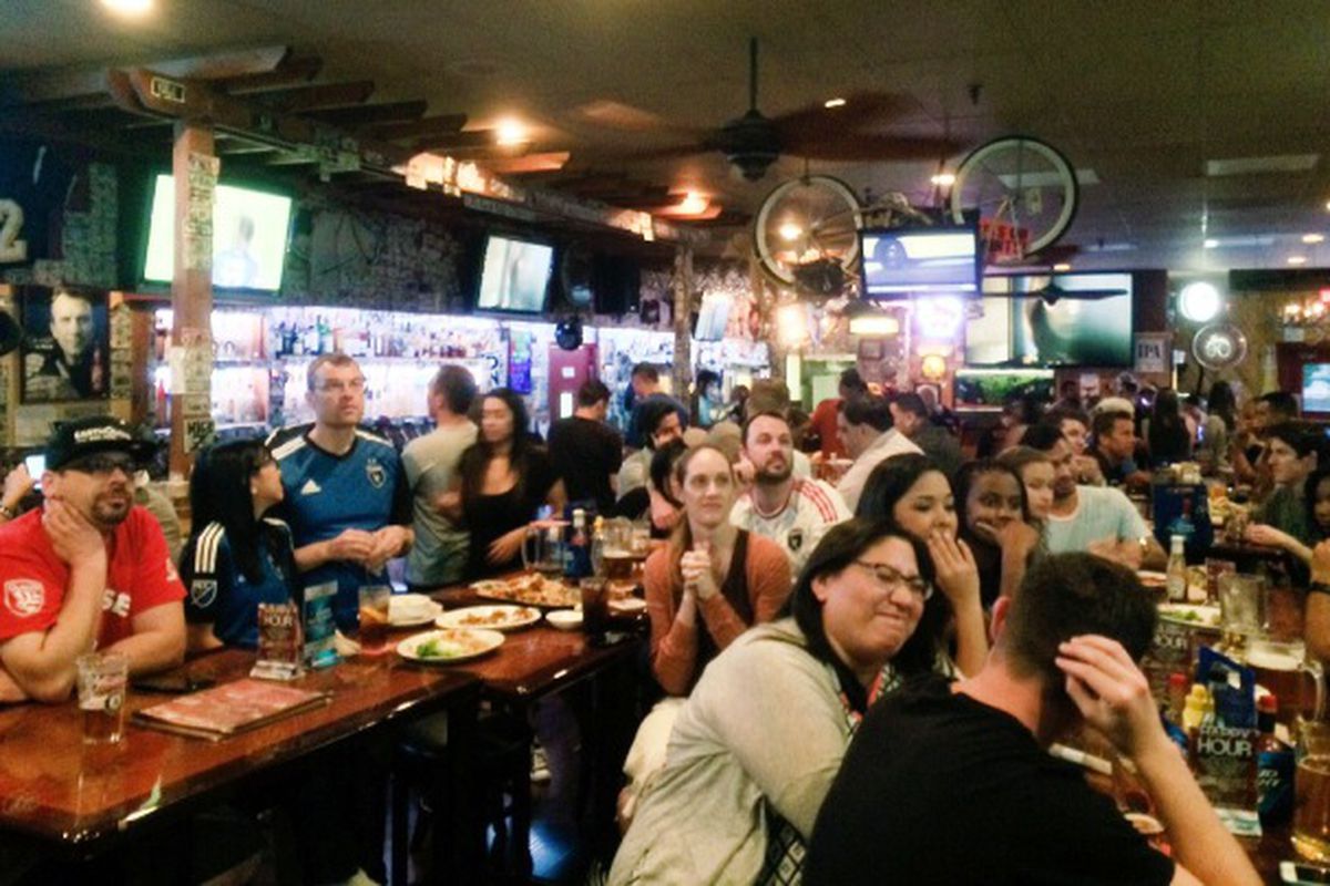 Quakes fans fill up most of the main room at Rookies in San Jose to cheer on the boys in blue as they scored two to tie RSL 1-1 on May 1, 2015.