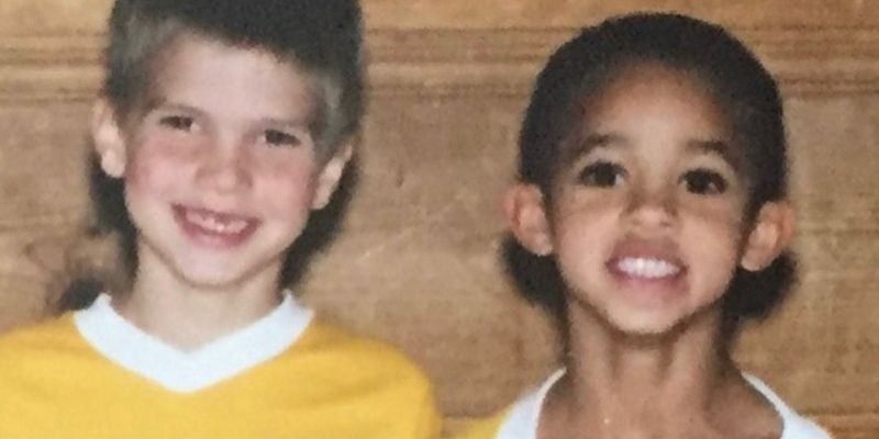 Left to right: Reece Elliot and Derrick White as kids. Both are wearing yellow Parker, Colorado basketball shirts.