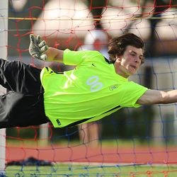 Viewmont goal keeper Tyler Trump jumps, trying to block a shot in penalty kicks, as Viewmont defeated Lone Peak in 5A semifinal soccer action at Woods Cross on Tuesday, May 24, 2016.
