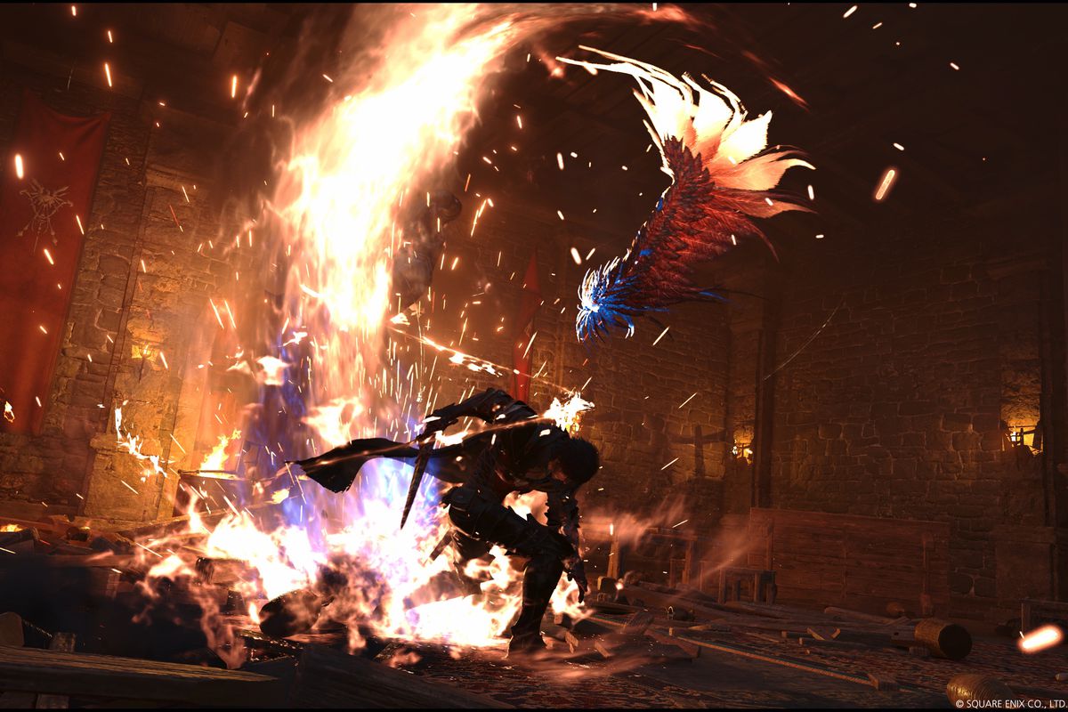 Clive Rosfield, standing in a castle hall, summons a phoenix in a screenshot from Final Fantasy 16