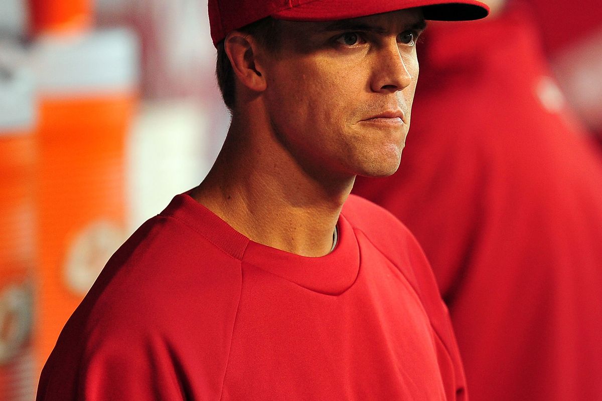 July 28, 2012; Anaheim, CA, USA; Los Angeles Angels pitcher Zack Greinke watches game action during the fourth inning against the Tampa Bay Rays at Angel Stadium. Mandatory Credit: Gary A. Vasquez-US PRESSWIRE