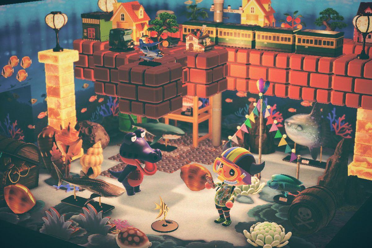 Floating Mario blocks in Animal Crossing: New Horizons.
