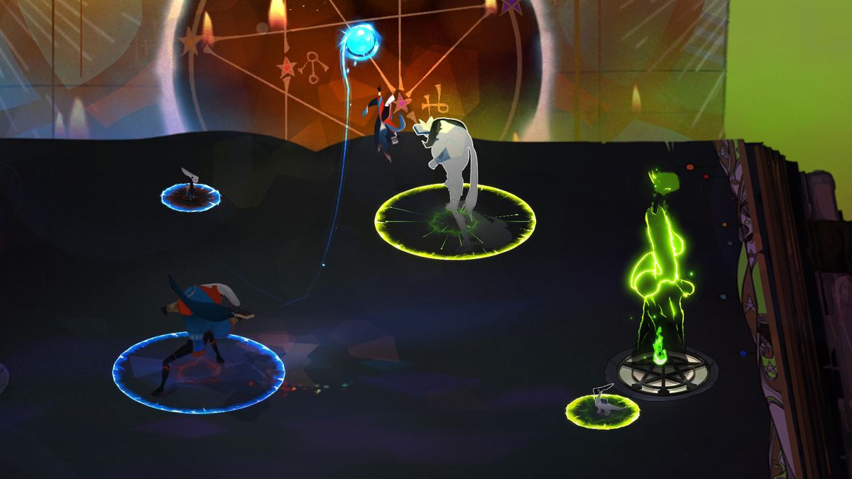 This Pyre screenshot shows three players for the blue team in a triangle formation on the left half of the screen, while two players for the green team stand on the right half, one near the blue players and one near the green team’s flame. One of the blue