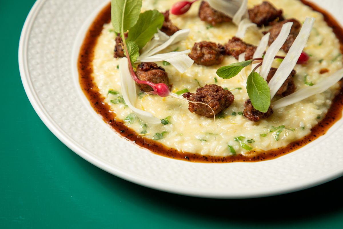 A shallow plate of risotto topped with sausage and fennel shoots surrounded by dark brown broth. 