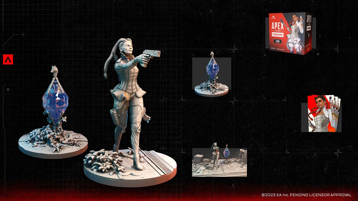 Promotional image of a 3D model of the unpainted Loba miniature included in her expansion set.