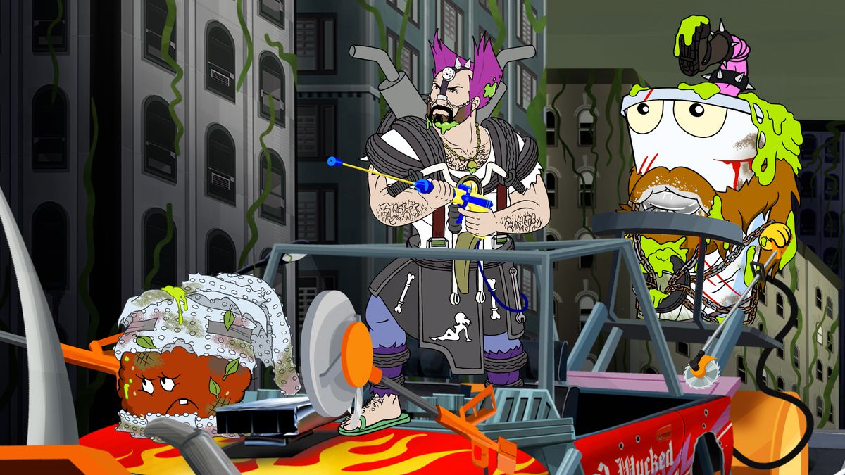 The Aqua Teen gang stand on a car and look ready for battle in Aqua Teen Forever: Plantasm.