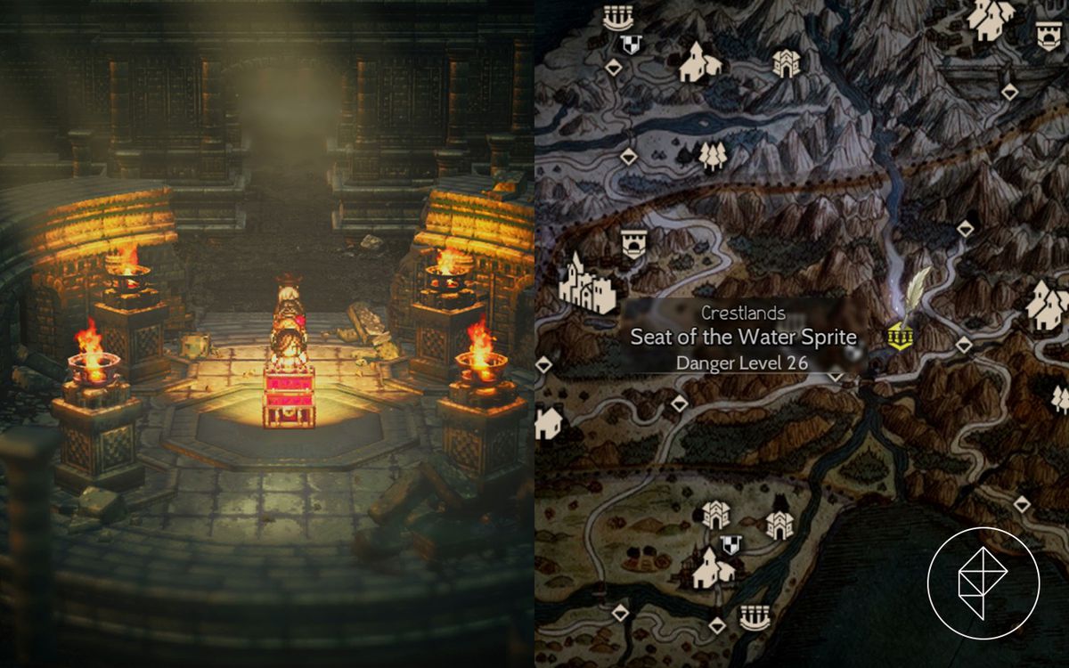 The Octopath Traveler 2 gang stands behind an open chest in a torch-lit ruins