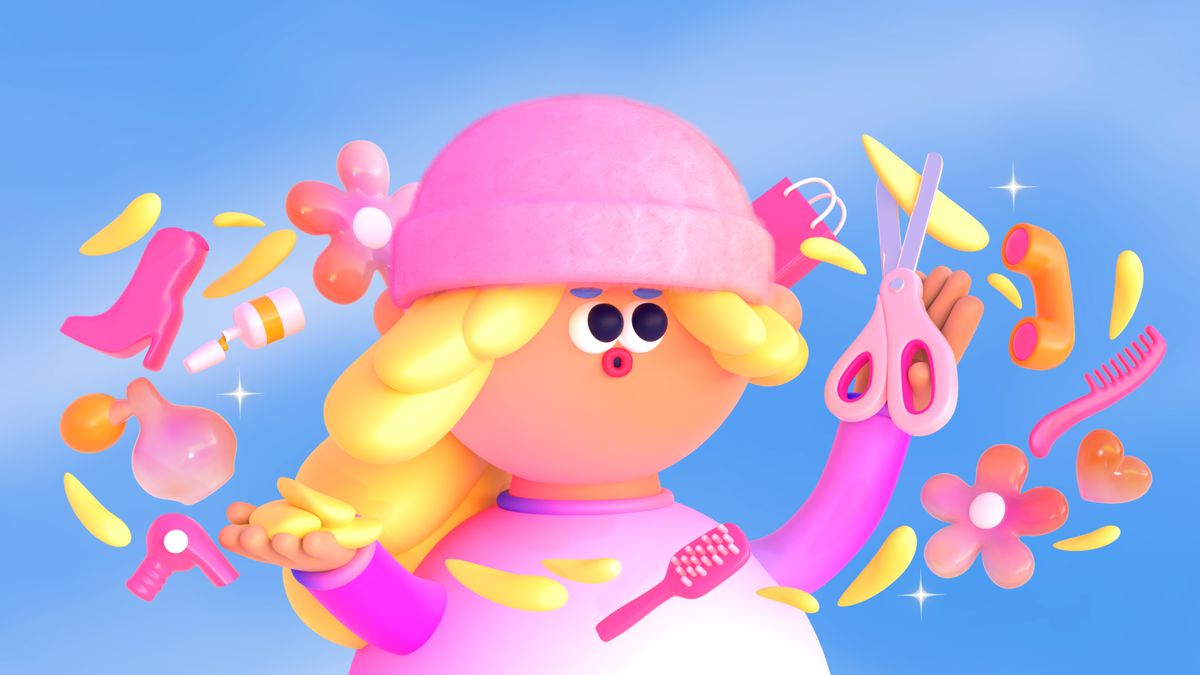 A 3D illustration of a person with blonde hair cuts a little piece. The person is surrounded by Barbie accessories.