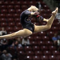 Southern Utah University’s Hannah Nipp does her floor routine while competing against the University of Utah, Brigham Young University and Utah State University in the Rio Tinto Best of Utah NCAA gymnastics meet at the Maverik Center in Salt Lake City on Friday, Jan. 7, 2022. Utah won.