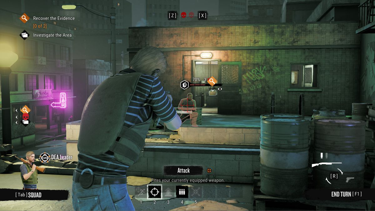 A DEA agent, wearing body armor, readies his shotgun to fire on a criminal during a raid in Narcos: Rise of the Cartels