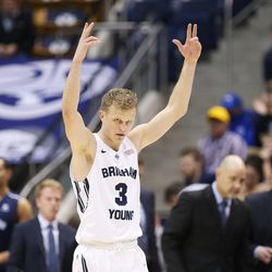 Brigham Young Cougars guard Tyler Haws (3) celebrates the win over San Diego in Provo Thursday, Feb. 19, 2015.  BYU won 75-62.