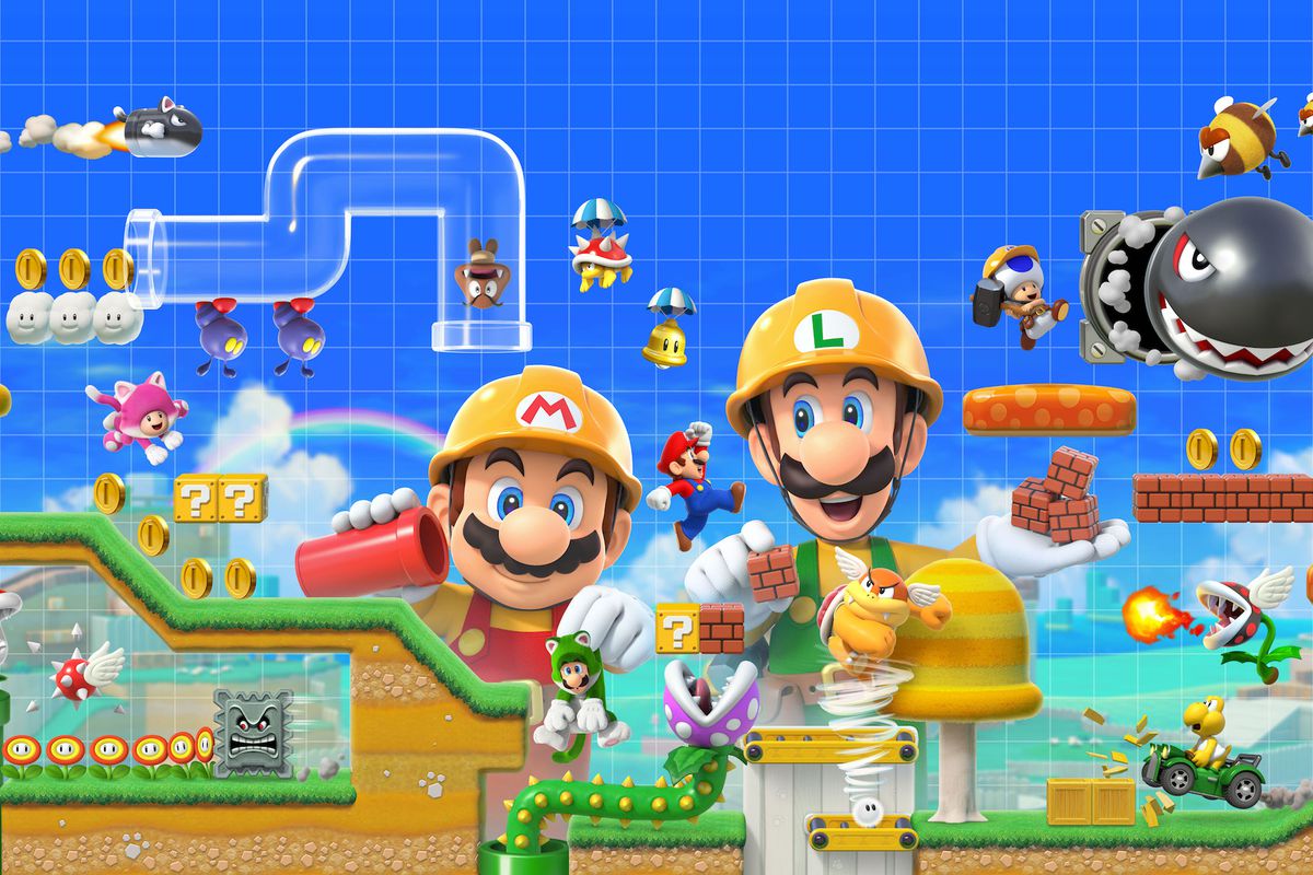 Artwork of Mario and Luigi building a stage from Super Mario Maker 2