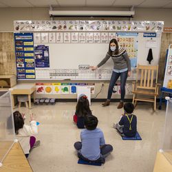 Preschool teacher Erin Berry teaches at Dawes Elementary School at 3810 W. 81st Pl. on the Southwest Side, Monday morning,