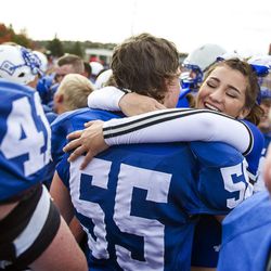 Abbi George hugs her boyfriend and Beaver offensive lineman Nathan Fairhurst after Beaver defeated South Summit in the UHSAA 2A state championship football game at Southern Utah University in Cedar City on Saturday, Nov. 12, 2016. Beaver defended its crown with a 55-35 win over South Summit.