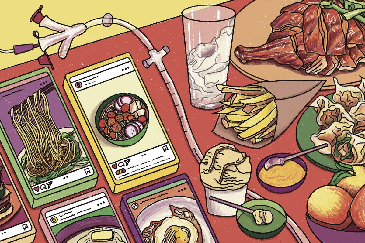 Illustration of a tray featuring several smartphone screens with photos of food visible on one side, and different foods on the other. Down the middle of the tray is a feeding tube cord.