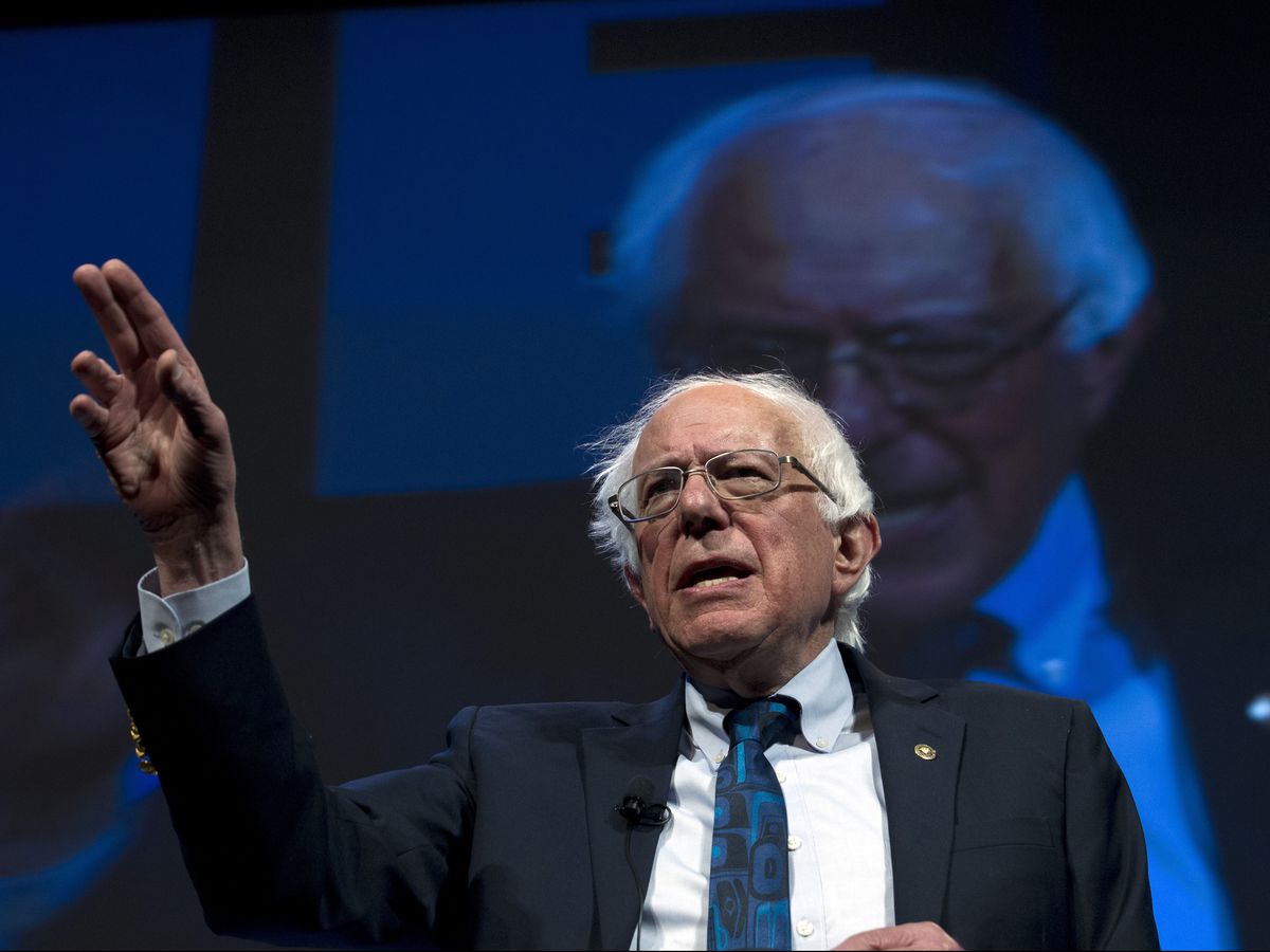 In this April 1, 2019, file photo, Democratic presidential candidate Sen. Bernie Sanders, I-Vt., speaks during the We the People Membership Summit in Washington. Sanders is leading Democratic presidential candidates in the early money chase with more than