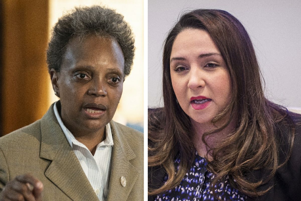 Mayor Lori Lightfoot, left, at a news conference last week; State Rep. Delia Ramirez, right, meeting with the Sun-Times Editorial Board in 2018. 